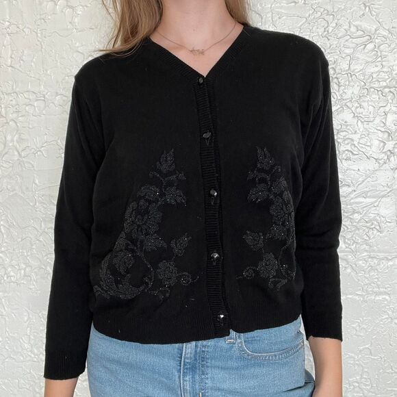 American Collection Cardigan Women's S Black Beaded Floral - Picture 3 of 4